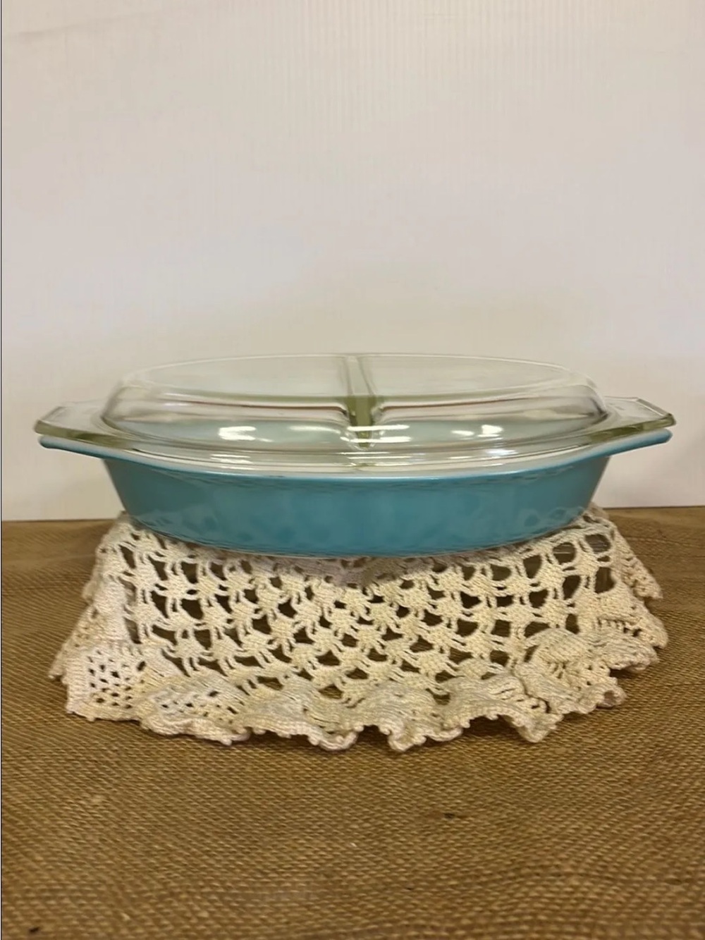 PYREX Vintage Turquoise Oval Divided Casserole Dish with divided clear glass lid